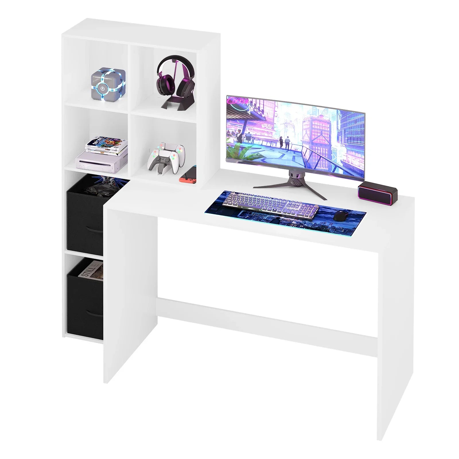 Schreibtisch 140,5 cm mit Regal in Weiß – Computertisch mit Stauraum für Büro und Homeoffice