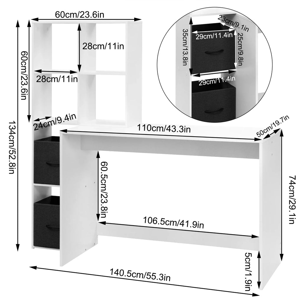 Schreibtisch 140,5 cm mit Regal in Weiß – Computertisch mit Stauraum für Büro und Homeoffice