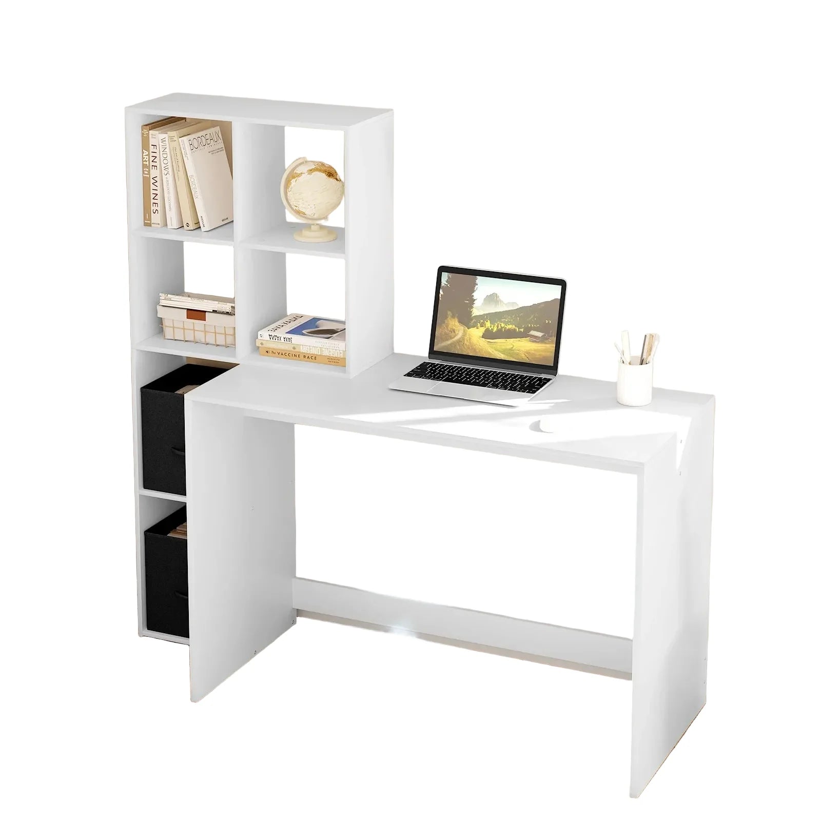 Schreibtisch 140,5 cm mit Regal in Weiß – Computertisch mit Stauraum für Büro und Homeoffice