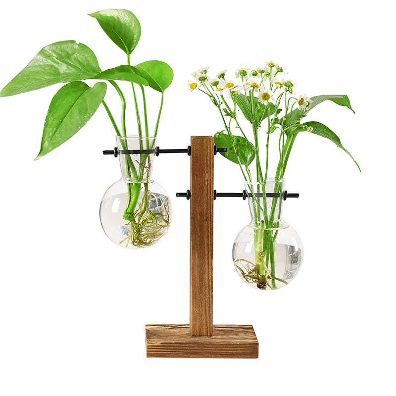 Terrarium-Vase aus Holz und Bambus – Dekorative Glasvase für Blumen, Pflanzen und Bonsai