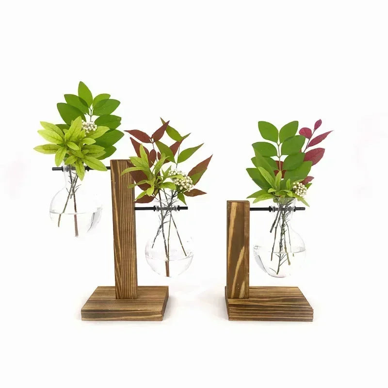 Terrarium-Vase aus Holz und Bambus – Dekorative Glasvase für Blumen, Pflanzen und Bonsai